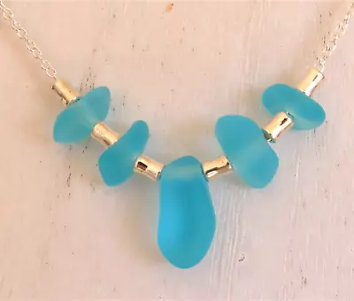 AQUA BLUE Handmade Sea Glass Jewelry Beach Glass Focal 18  Necklace W 2  Ext. • $23.95