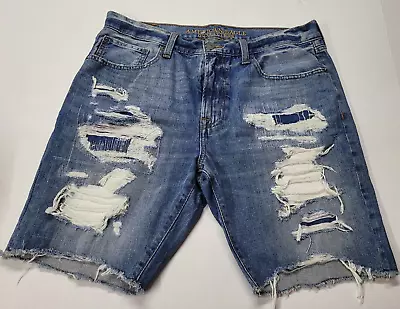 American Eagle Jean Shorts Mens Sz 34 Blue Cut Off Slim  Destroyed Distressed • $22.95