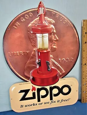 Zippo Lighter ~ Embossed Tin Sign ~ 1¢ Fluid Fill Up ~ Coin Operated Gas Pump • $64.71