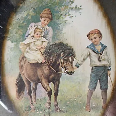 Vtg Thick Wooden Picture Frame Mirror Oval Picture Boy Pony Sister Mom • $36.33