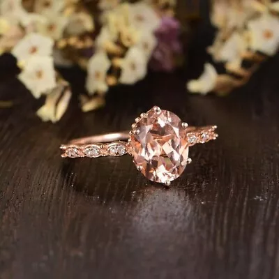 14k Rose Gold Plated Oval Cut Simulated Peach Morganite Solitaire Wedding Ring • $137.99