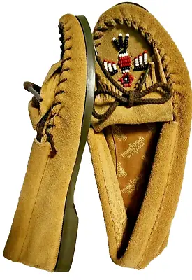 Minnetonka Moccasins Slip On Beaded Thunderbird SUEDE Leather Size 7 HARD SOLE • $25