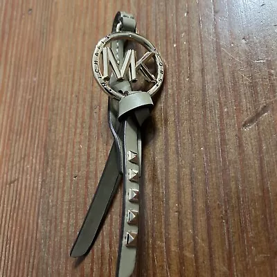 Michael Kors Large Gold 2  MK Logo Grey  Leather Strap FOB Hangtag Key Ring Stud • $12.99