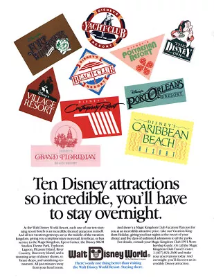 1991 Walt Disney World: Stay Overnight Vintage Print Ad • $7.50