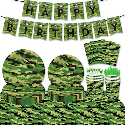 Army Camouflage Tableware Party Supplies Banner Plates Cups Birthday Decoration • $8.99