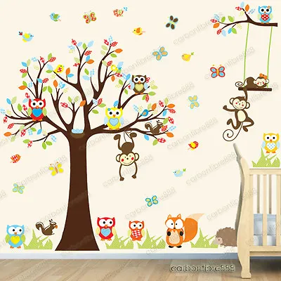 £8.05 • Buy Jungle Animals Monkey Owl Tree Kids Art Decor Mural Decal Wall Stickers Nursery