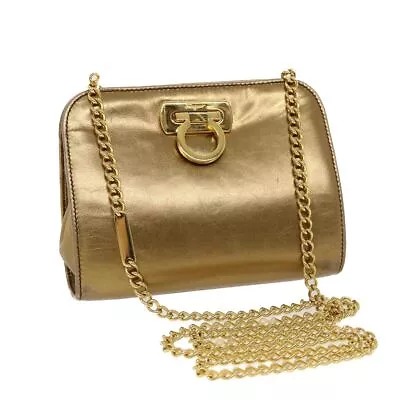 Salvatore Ferragamo Gancini Chain Shoulder Bag Leather Gold Auth 44995 • $510.64