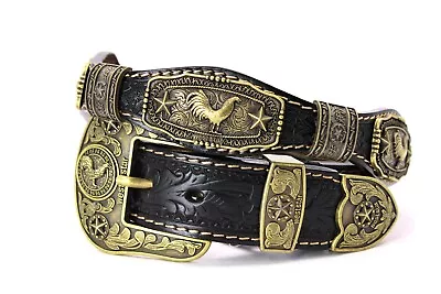 West Curve Belt Cowboy Bronze Gold Rooster Charcoal Black Floral Pants Size 30 • $49.99