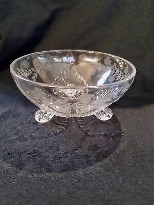 Vintage Clear Glass Trifooted Etched Floral Bowl. Pressed Glass. Art Deco • $10