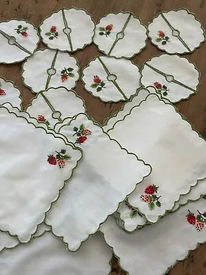 12 VTG Cocktail Napkins Embroidered Strawberries 12 Wine Glass Covers Scalloped • $30