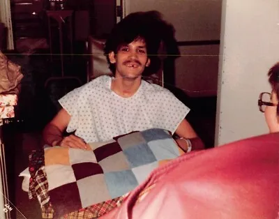Vintage 80s Color Photo 1980s Man With Mustache On Wheel Chair Holding Pillow #8 • $4