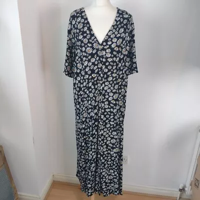 Monki XL UK 22 Black Daisy Print Midi Button Down Shirt Dress 90's Grunge Style • $30.31