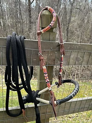 Beaded Bitless Hackamore Rawhide Bosal Mecate Complete Set New Horse Tack • $89.95