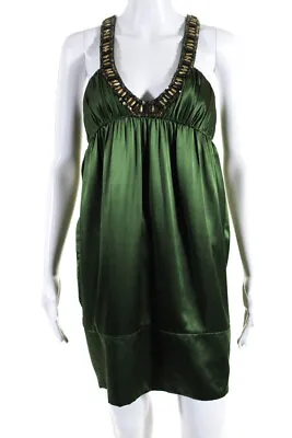 Marc Bouwer Womens V Neck Beaded Solid Silk Mini Dress Green Size 4 • $61.01