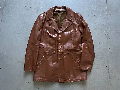 70s 80s Vintage Brown Leather Blazer Car Coat Cattleman Pimp Jacket USA Size 44 • $75