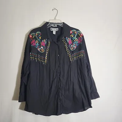 Vintage 1994 BONJOUR Beaded/Embroidered Black Cotton Western Button-Up Shirt 1X • $15.25