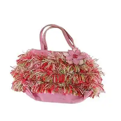 Gymboree Girls Pink Green Fringe Straw Beach Purse Bag • $12