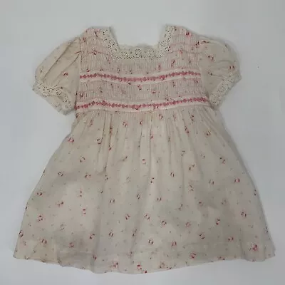 Vintage Nanette Smocked Dress Girls 18 Month Cream Lace Floral Pink Toddler Baby • $9.90