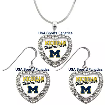 Michigan Wolverines 925 Necklace Or Earrings Or Set Team Heart With Rhinestones • $9.99