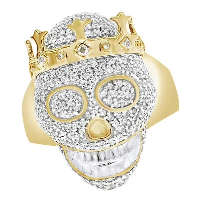 Round Cut Cubic Zirconia Mens Heavy Crown Skull Ring 14K Yellow Gold Plated • $195.64