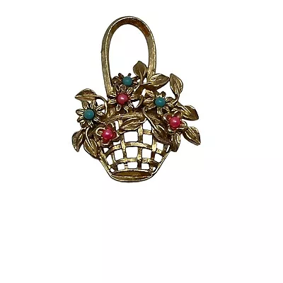 Vintage Basket Brooch Flowers Pink Blue Beads Gold Tone Pin  • $9.95