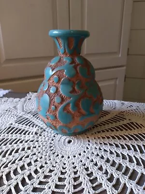 Vintage Carved Turquoise And Brown Pottery Vase Marked Italy Ars 579 6  Tall • $25