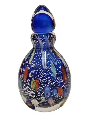 Murano Art Glass Perfume Bottle Cobalt Blue Silver Flecks Large Millefiori Vtg • $89