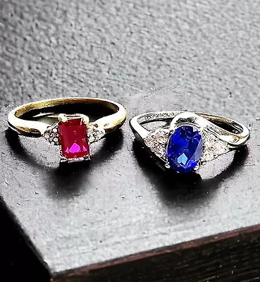 10K Gold Rings Of Blue & Red Sapphires With CZ/Diamond Accents 3.14 Grams • $9.99