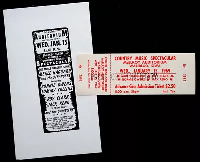 1969 Vintage MERLE HAGGARD Roy Clark BONNE OWENS Concert Ticket & Ad Proof • $49.95