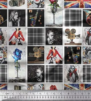 Soimoi Cotton Poplin Fabric Check|Women & Camera Patchwork Print-bks • $9.13