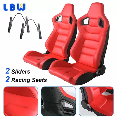 2PCS Car Racing Seats Adjustable Full Wraped Red + PVC Leather Seats W/2 Sliders • $397.15