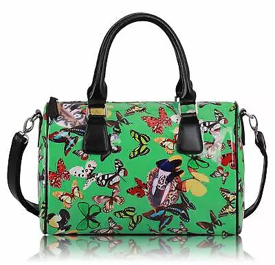 Ladies Patent Butterfly Barrel Handbag Shoulder Travel Fashion Party Bag Green • £9.99