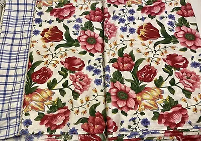 1980-90’s VERATEX Floral W/ Blue Plaid Queen Flat Sheet & 2 Standard Pillowcases • $45