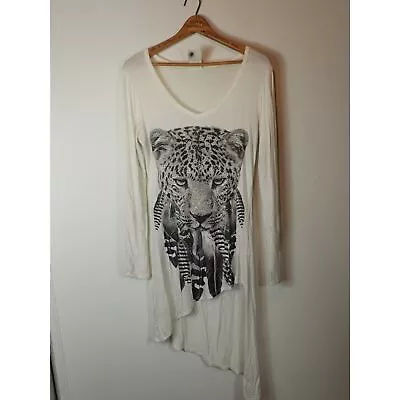 Vocal Leopard Rhinestone White Shirt Biker Asymmetric Hem Size Small USA Tunic • $8