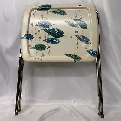 1 Vintage MCM Plastic TV Tray And Stand- Designed With Blue Green Leafs • $59.99