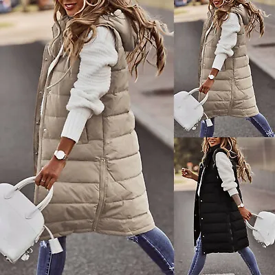 £40.79 • Buy Womens Hooded Quilted Zip Up Gilet Waistcoat Padded Winter Vest Long Bodywarmer
