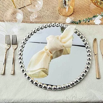 2 SILVER 13  Round Mirror Glass Charger Plates With Pearl Rim Table Decorations • $27.59