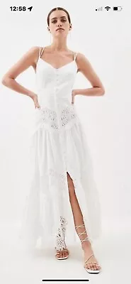 KAREN MILLEN Cotton Poplin Lace Insert Woven Maxi Dress Size 14 • £10