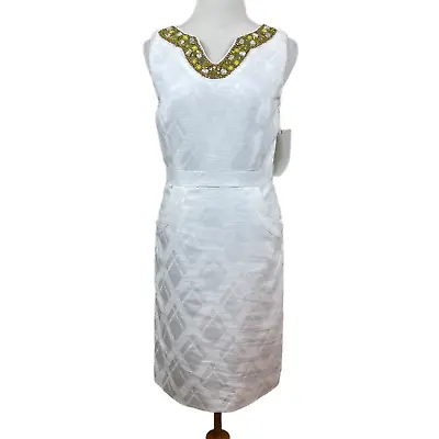 Milly Of New York Dress 4 White Beaded Embellished V-Neck Lined Pockets Cotton • $39.98