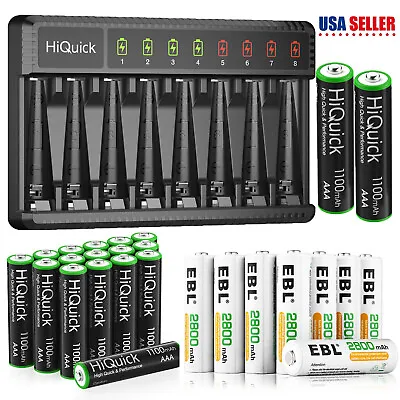 HiQuick AAA AA Rechargeable Batteries 1100 / 2800mAh 1.2V Ni-MH / Charger Lot • $15.99