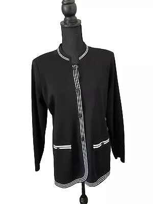 Exclusively Misook Cardigan Black White Medium Mandarin Collar Career Classic • $49