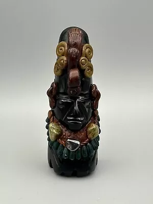 Vintage Black Onyx Obsidian Carved Statue Aztec Mayan Stone Chief God Tiki 4-3/4 • $15.85