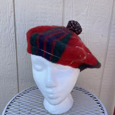 VTG Scottish Tartan Red Green Purple Pure Wool Tam Hat Cap Scotland Vintage • $29.99