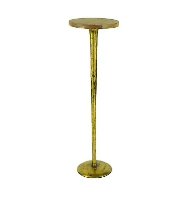 Slim Antiqued Brass Metal Accent Table Modern Wood Top Drink Stand Cocktail • $107.95