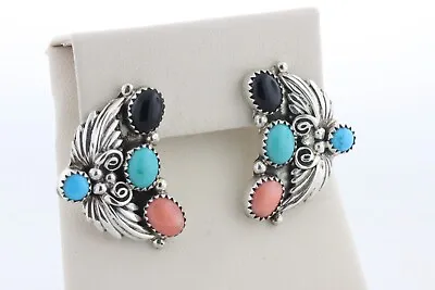 Vintage Navajo Signed EDE Sterling Silver 925 Turquoise Coral Onyx Leaf Earrings • $129.99