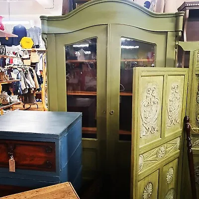 £299 • Buy Fabulous Green Victorian Vintage Painted Mahogany Glazed Cupboard Cabinet 