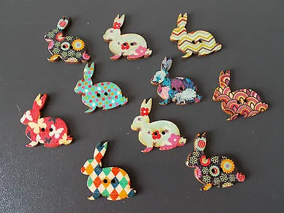 10 X Rabbit Shaped Wood Mixed Colours Buttons-scrap Booking - Sewing  • £2.69