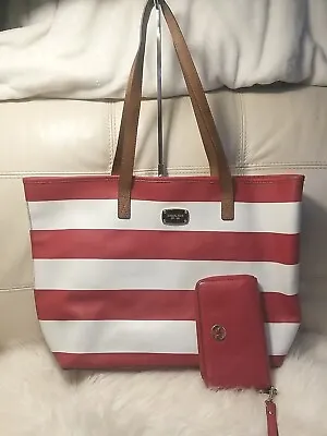 Michael Kors Bag Wallet XL Red Tote White Striped X Large 19x12! Beach Travel  • $114.75