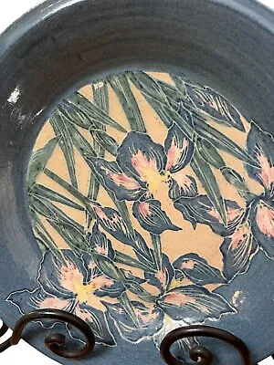 Vintage 1989 Pottery Iris Bowl Signed Blue Green Wall Art Hand Painted EUC • $40