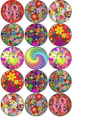 60's Sixties Groovy Flower Power Toppers Wafer Or Icing Cupcake X 15 Decoration • £4.72